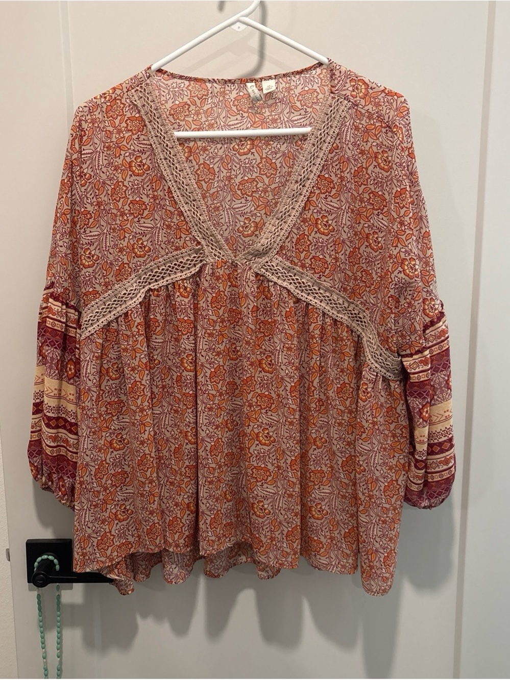 Cato Orange Floral Crochet-Trim Peasant Blouse